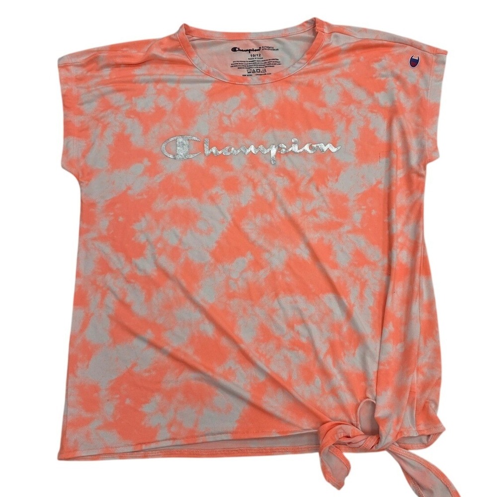 Champion Girls Tie Dye Side Tie T-Shirt Orange White Silver Logo 10/12